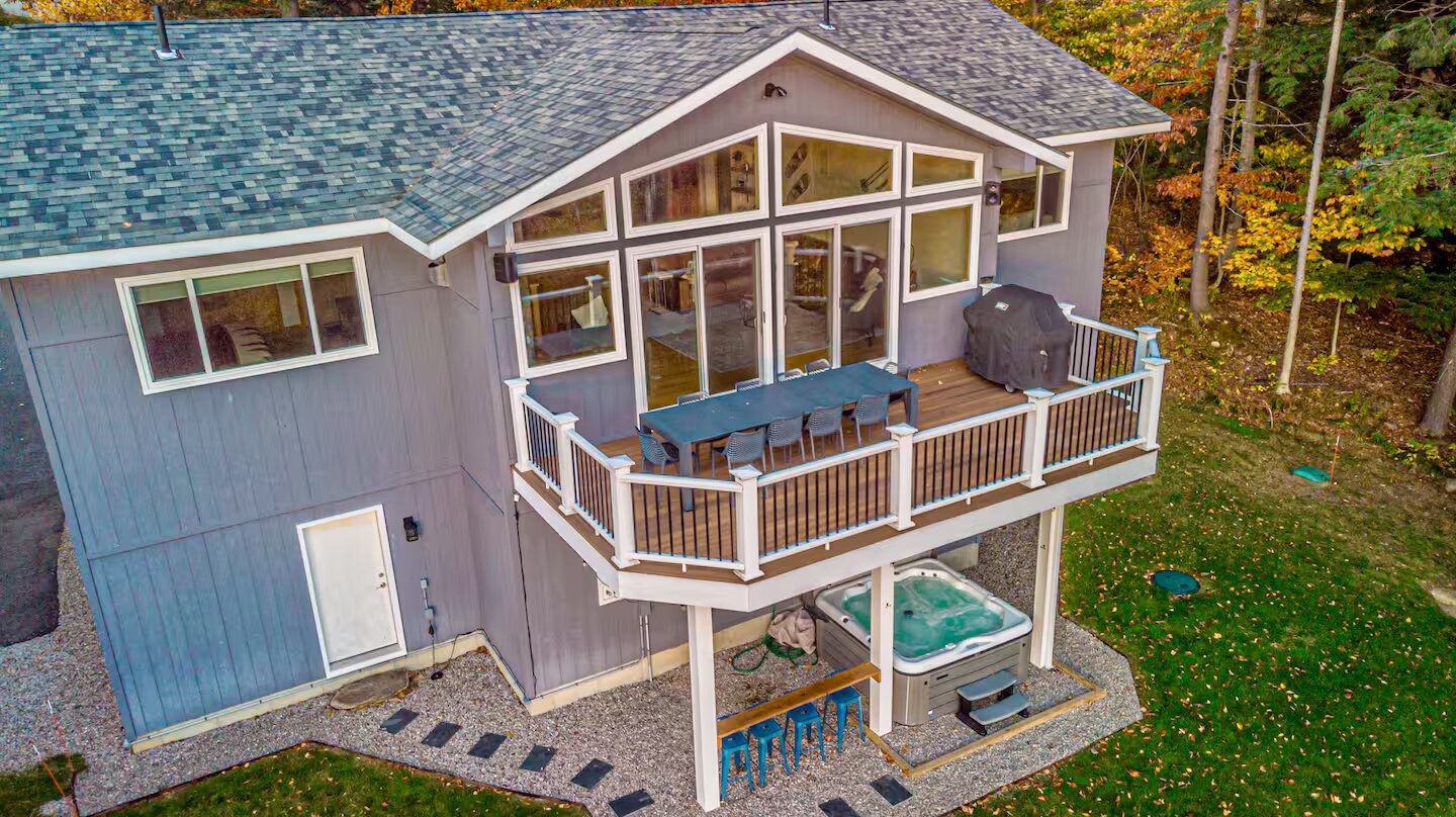 Aerial of lodge and deck